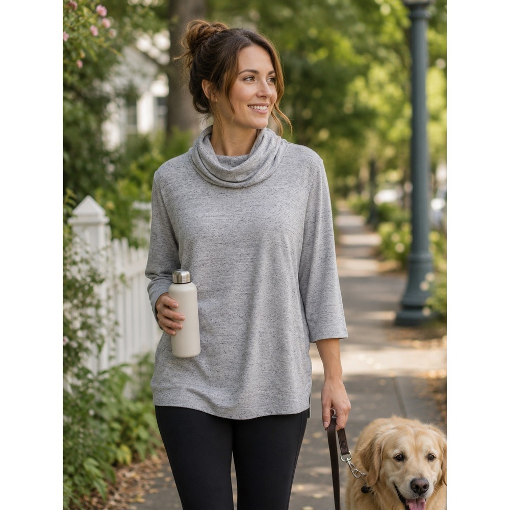 J Jill Sweatshirt Women's XL Petite XLP Cowl Neck Tunic Gray Marled Pockets
